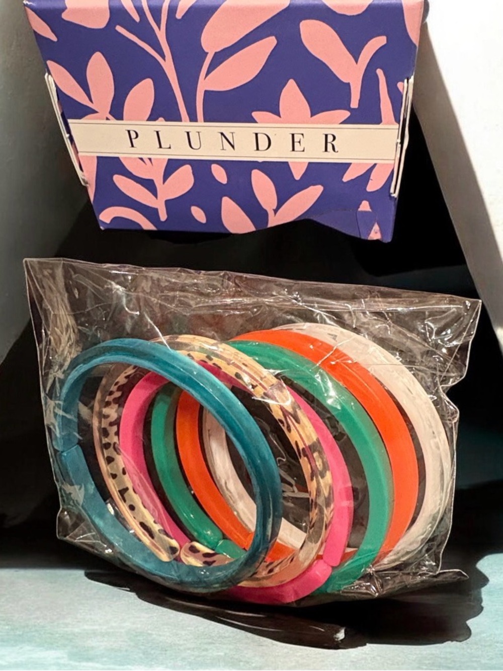 Plunder Colorful Resin Bangle Set - Teal, Pink, Green, Orange, White, Leopard